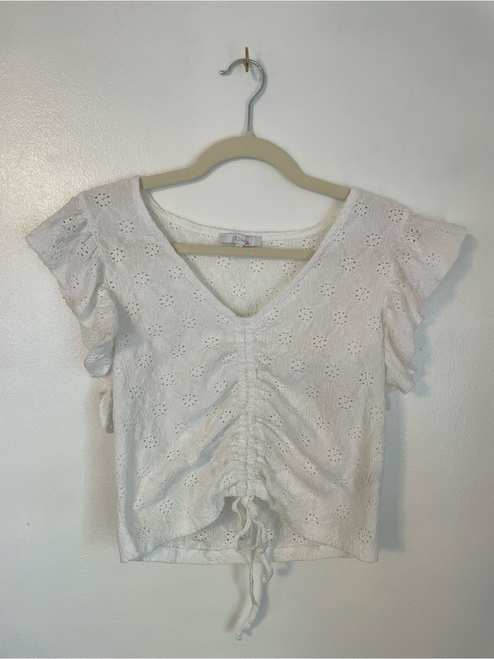 Gb fashion white eyelet top with frill sleeves and ruched tie front size medium